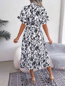 Casual Summer Loose Leopard Print Tie-Up Shirt With Turndown Collar & Short Sleeve, Ruffled Hem Midi Dress White Elegant - White - View 8