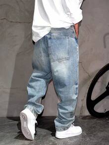 男士复古美式水洗浅蓝色宽松直筒牛仔裤 - 淺色水洗藍 - 查看 2