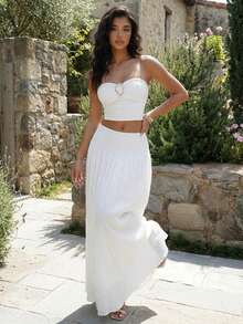 Women's Elegant White Strapless Metal Buckle & Pleated Flared Maxi Skirt Two Pieces Set, Chic Sexy Summer Vacation Outfit, Minimalist Garden Party Wear - White - View 7