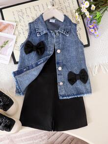 2pcs Girls Toddler Vintage Street Style 3D Bow Denim Vest + Solid Color Suspender Romper Set, Summer - Black - View 1
