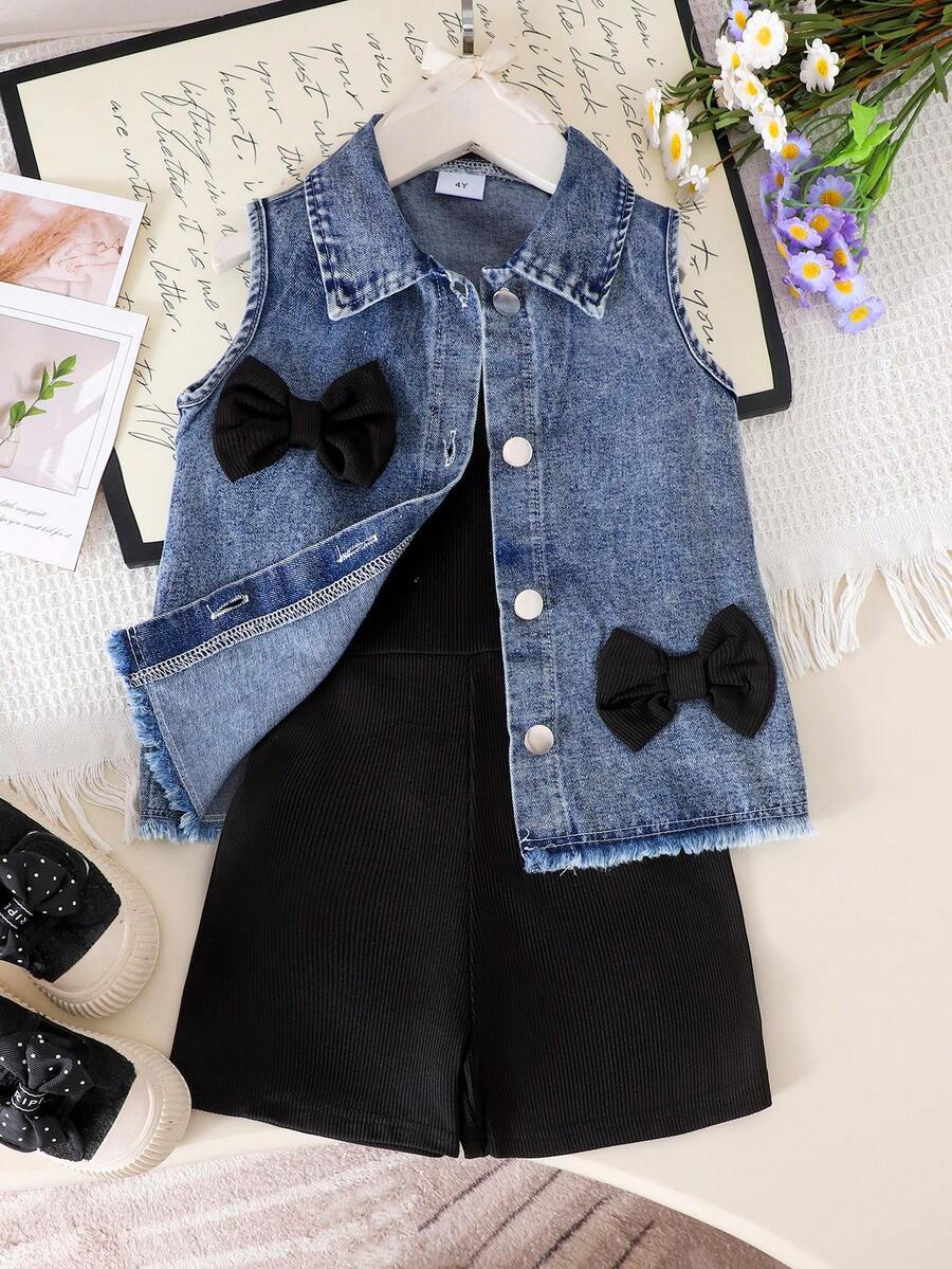 2pcs Girls Toddler Vintage Street Style 3D Bow Denim Vest + Solid Color Suspender Romper Set, Summer - Black - View 1