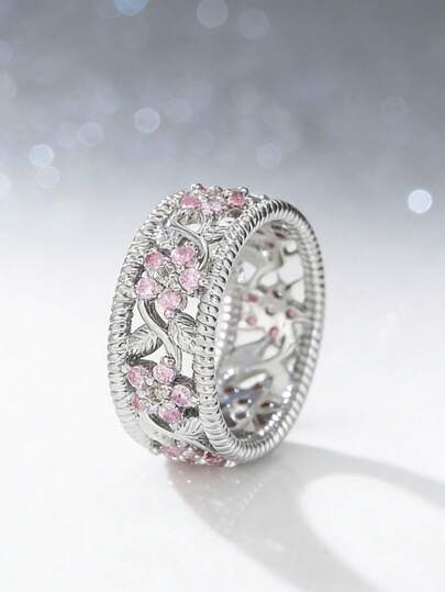 1 pieza Anillo de flor rosa hueco exquisito y lindo de circonita sintética, accesorio de vestir diario para mujer, adecuado como regalo diario