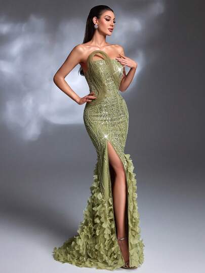 A Olive Green Sequin-Embroidered 3D Petal Embellished One-Shoulder Lace-Up High-Slit Tulle Mermaid Train Luxurious Elegant Evening Gown