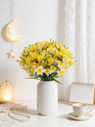1 pieza Narcisos artificiales de seda falsa resistentes a los rayos UV para decoración interior y exterior del hogar, ramos realistas amarillos y blancos para centro de mesa de boda, accesorios de fiesta, decoración de jardín, accesorios de cocina y baño, regalos para mujeres y hombres, decoración del hogar, regalos del Día de San Valentín