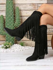Cowgirl Outfits For Women Country Concert Combat Boots For Women Black Tassel Decoration Pointed Thick Heels Boots Retro Western Style Festival Shoes Outdoor Comfortable Women's Cowboy Boots Summer Boots - màu đen - Xem 10