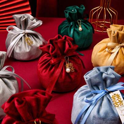 4pcs Set. Burgundy Velvet Bag, Round Bottom Velvet Gift Bag With Faux Pearl Pendant, Suitable For Wedding And Birthday Party Gifts.