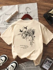 夏季新款休闲碎花圆领短袖T恤，时尚百搭女式上衣 - 杏色 - 查看 2