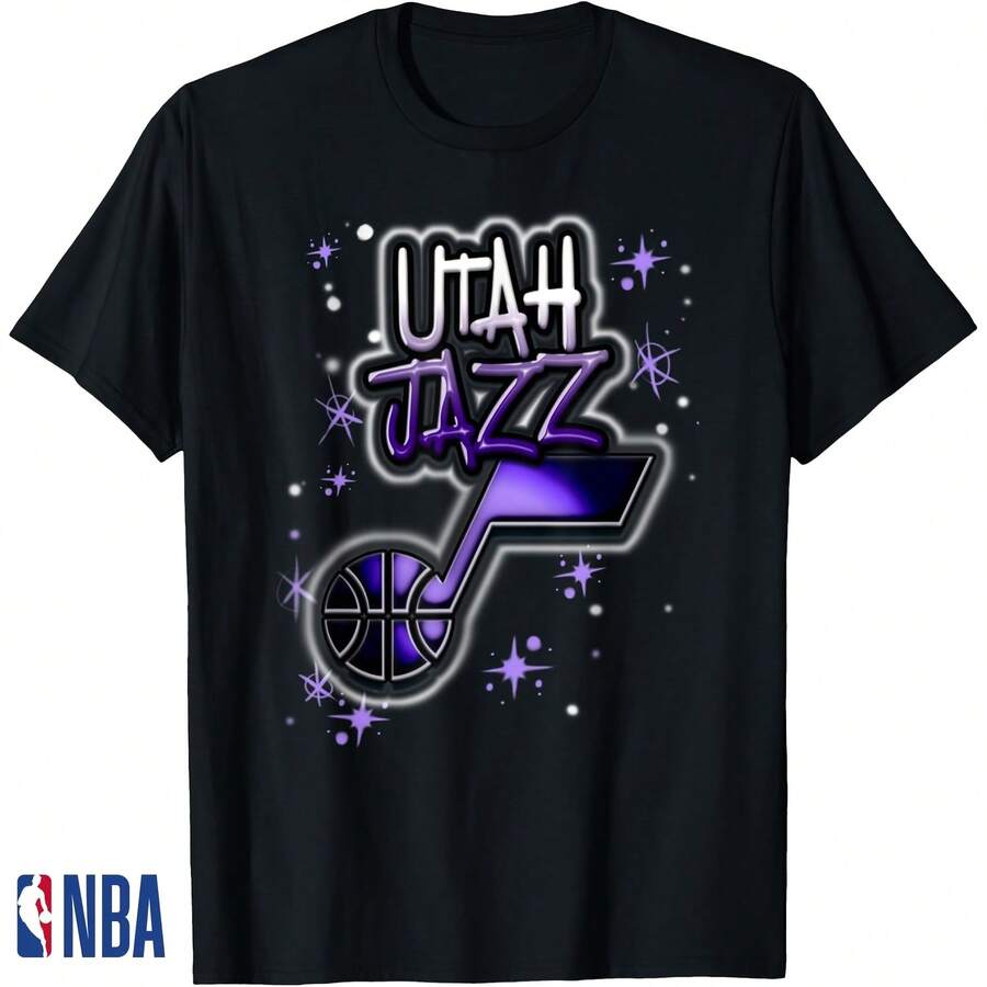 Utah Jazz Airbrush Logo T-Shirt Suitable For All Seasons, 220g Pure Cotton Single-Sided Printed Crew Neck Short-Sleeved T-Shirt, Officially Licensed By The NBA And Designed For Basketball Fans. - Color 9 - View 1