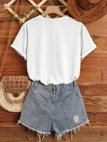 B038[Duck Print Round Neck Short Sleeve T-Shirt] - White - View 2