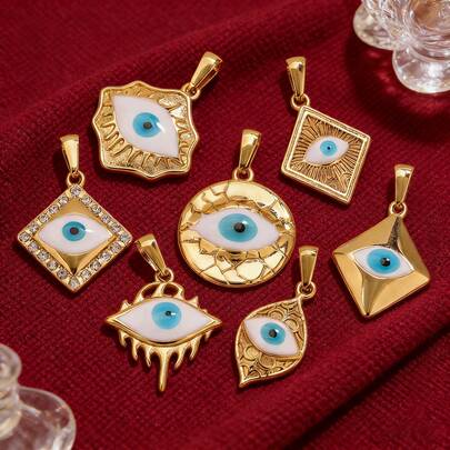 1-Piece 304 Stainless Steel Bohemian-Style Enamel Drip White & Blue Devil's Eye Pendant Suitable For DIY Earring, Bracelet, And Jewelry Making Wholesale Accessories