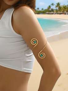 1pc Fashionable Minimalist Faux Turquoise Spiral Bracelet, Suitable For Daily Wear, Beach, Vacation, Valentine's Day, Friend's Birthday, Vacation Gift - Gold - View 3