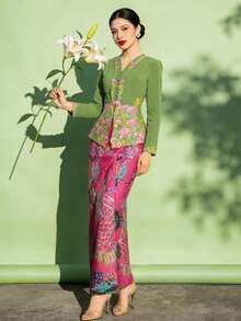 1件印花优雅娘惹卡巴雅半身裙，女士春夏款，红色半身裙（不含上衣） - 紅色 - 查看 6