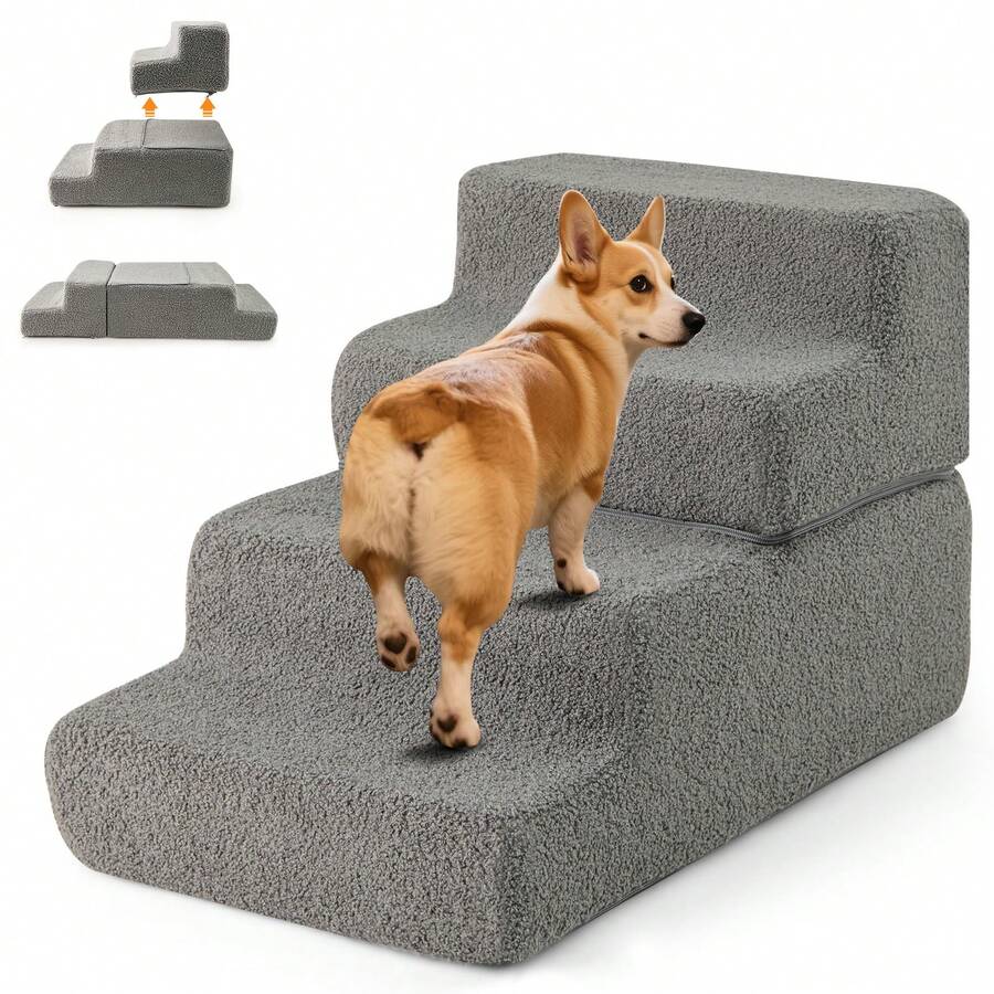 COSTWAY 4-Step Foam Dog Stairs Foldable Dog Ramp W/ Non-Slip Bottom, Grey - Grey - View 1