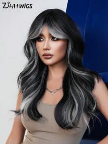 7JHH WIGS 高光黑白长款波浪假发，中分卷发，带刘海，天然耐热合成纤维，适合音乐节派对、万圣节角色扮演等场合，26英寸 - 挑染白色 - 查看 5