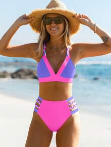 popvil Bộ bikini hai mảnh phối màu dành cho nữ, kiểu dây buộc hai bên và lưng chéo, cạp cao, thích hợp cho kỳ nghỉ hè. - Nhiều màu - Xem 3