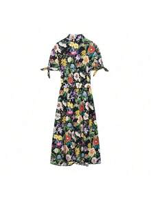 Đầm ngắn tay in hoa thanh lịch dành cho nữ, thắt nơ, xẻ tà, kiểu boho, dáng midi, thích hợp cho lễ tốt nghiệp, kỳ nghỉ hè. - màu xanh lá - Xem 10