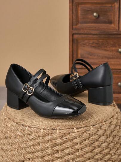 5cm Black Patent Leather Square Toe Bow Decor Chunky Heel Pumps