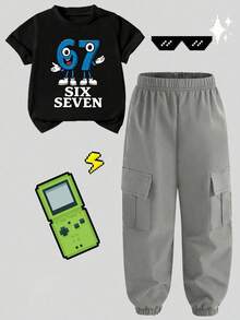 Young Boy Cartoon Print Round Neck Short Sleeve Top And Cargo Pants Set - Black - View 3