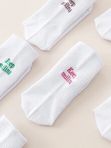 3双装“保持微笑”字母刺绣吸湿排汗棉质中筒袜，女士款，时尚百搭 - 彩色 - 查看 2