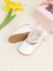 1双女婴蝴蝶结魔术贴平底防滑透气学步鞋，优雅玛丽珍款式，适合春秋季，0-15个月 - 白色 - 查看 4