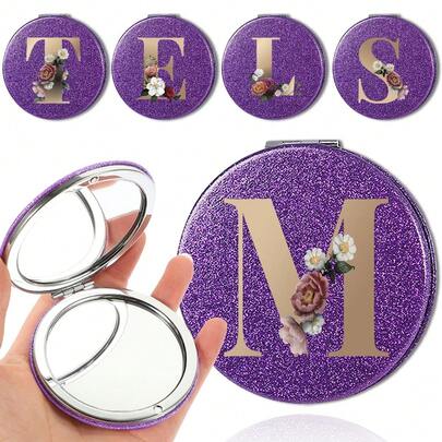 Double-Sided Makeup Mirror With Leather Trim Foldable Handheld Cosmetic Mirror Portable Compact Mirrors Travel Luxury Beauty Tool Exquisite Holiday Day Gifts Back To School Essential Initials Name 26 Letters Pattern