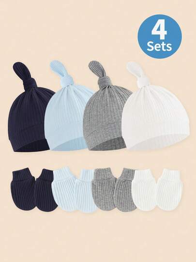 4pcs/Set 0-6 Months Baby Hats And 4 Pairs Mittens Set, Unisex, Soft Rib Knit Hospital Same Style, New Mom Gift, Minimalist Comfortable Baby Essentials