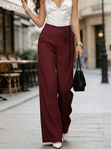 DONICY 女士新款高腰系带阔腿裤，酒红色 - 轻盈飘逸的休闲长裤，适合办公室、周末早午餐、度假和街头风格 - 酒紅色 - 查看 5