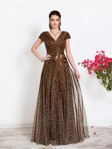 Đầm dạ hội cao cấp Mgiacy mới, cổ chữ V, tay phồng, chất liệu lưới, thắt dây. - Cà phê nâu - Xem 4