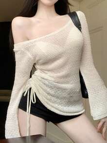 New Spring/Summer Ruched Drawstring Hollow Out Knit Cover Up Women, Flare Sleeve Asymmetric Design Sexy Top - Apricot - View 3