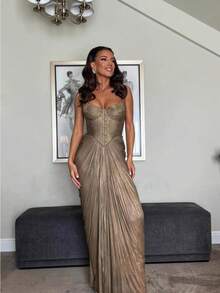 Women's Dress 2026 New Style Pleated Gold-Stamped Ribbon Dress - Suitable For Casual Gatherings, With A Slit Design, Women's Formal Evening Gown - 金色 - 查看 1