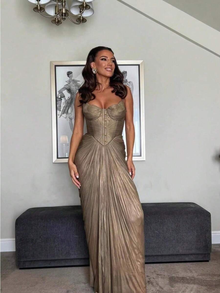 Women's Dress 2026 New Style Pleated Gold-Stamped Ribbon Dress - Suitable For Casual Gatherings, With A Slit Design, Women's Formal Evening Gown - 金色 - 查看 1