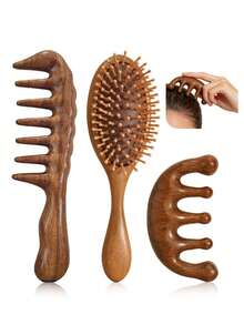 Bộ 3 lược gỗ đàn hương răng thưa, lược massage đệm khí, bộ lược massage đầu cầm tay, thích hợp cho tạo kiểu tóc xoăn cho nữ, massage da đầu, chống tĩnh điện, chịu nhiệt. - màu nâu - Xem 12