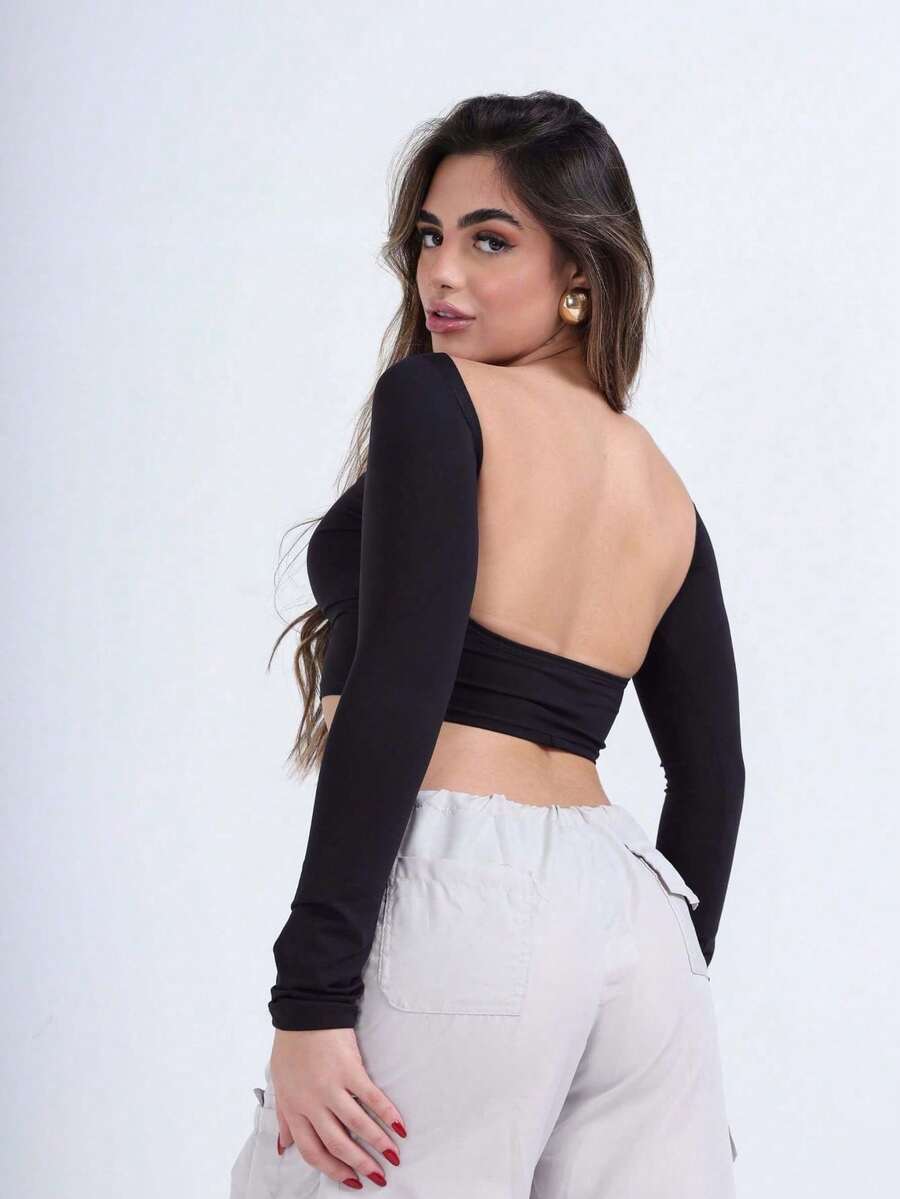 Top Cropped Costas Nua Manga Longa Feminino Para Festa e Uso Diário Elegante Croped Sensual
