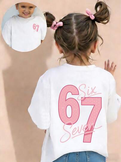 Young Girl Star Element Six Seven 67 Cartoon Print T-Shirt, Fashionable And Versatile Casual Top, Suitable For Girls' Daily Casual Wear