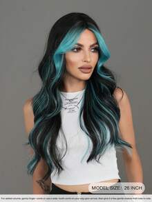 7JHH WIGS Highlight Blue Long Black Wavy Wig For Women Middle Part Curly Wig With Curtain Bangs Natural Synthetic Heat-Resistant Fiber Hair Wigs For Music Festival Party Wear, Halloween Cosplay Use 26 Inch - Blue Highlight - View 4