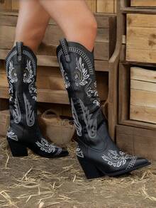 Black Cowgirl Outfits For Women Boots  Knee High Pointed Toe Thick Heels Festival Shoes Fashion Country Concert Combat Boots For Women - 黑色 - 查看 2