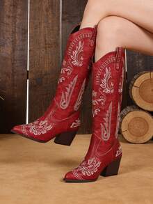 Red Cowgirl Outfits For Women Boots  Knee High Pointed Toe Thick Heels Festival Shoes Fashion Country Concert Combat Boots For Women - Đỏ - Xem 5
