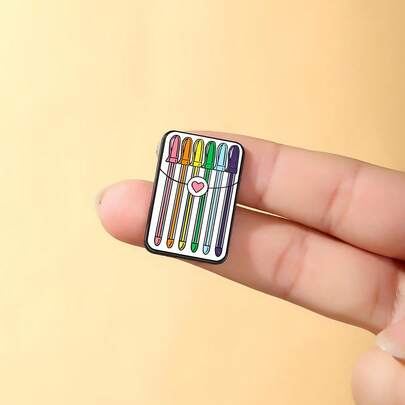 1PC Cute Rainbow Marker Set Enamel Pin - Featuring A Colorful Pen Case With Heart Detail & Vibrant Hues, Durable Metal Base & Black Outline, Unisex Metal Lapel Brooch For Stationery Lovers, Artists & Students, Daily Wear Or Gifting, Adorable Art-Themed Fashion Accessory