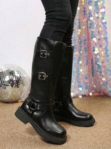 High Boots For Women's Mid Calf Fashion Dressy Motocycle Biker Military Style Combat Chunky Boots Low Heel Platform Shoes - 黑色 - 查看 7