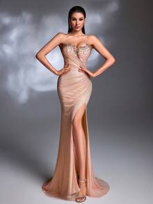 裸粉色心形串珠无肩带网纱褶皱高开衩鱼尾系带优雅奢华晚礼服 - 粉色 - 查看 6