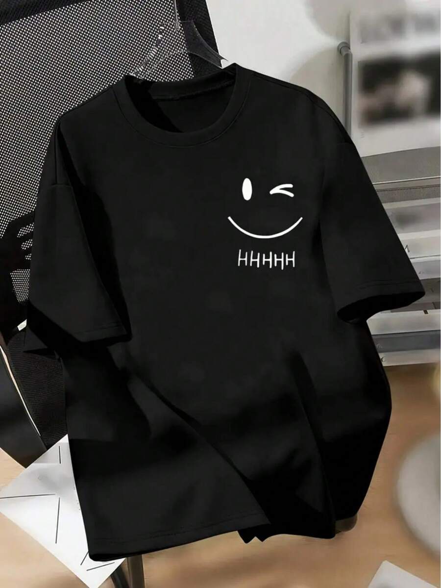 [Minimalist Style] Women's Casual Graphic Print T-Shirt - Short Sleeve Crew Neck, Light Gray With Joyful Face Design, Soft Polyester Blend, Machine Washable, Perfect For Spring & Summer - 黑色 - 查看 1