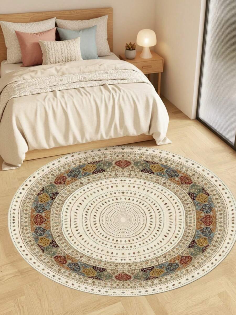 1pc Colorful Printed Winter Round Minimalist Rug - Beautifully Vintage Decorative Carpet, Suitable For Daily Home Decor, Christmas, Thanksgiving, Parties And More, Bedroom Decor, Small Rug, Carpet, Home Decor, Living Room Carpet, Small Living Room Rug, Bedroom Rug, Living Room Home Decor, Outdoor Rug, Washable Carpet