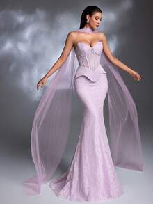 A Lavender Lace Strapless Tulle Shawl Lace-Up Mermaid Train Elegant Retro Evening Gown Party Spring - Mauve Purple - View 5