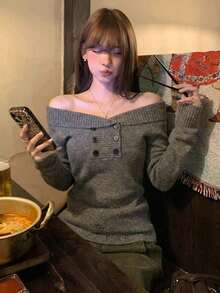 [Y6Y] Women's Spring Elegant Off-Shoulder Knit Sweater, Long Sleeve Fitted Style Versatile Pullover Top - Coffee Gray - View 1