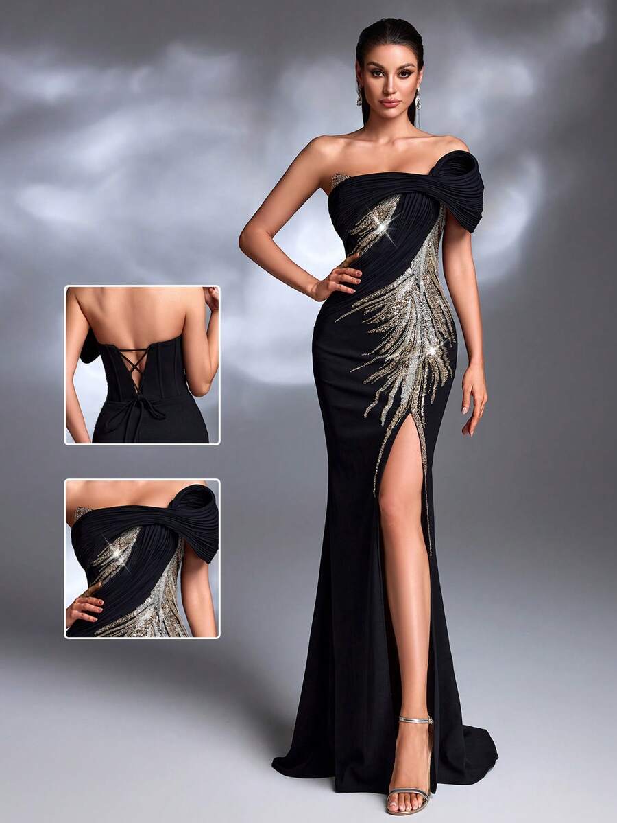 黑色和金色羽毛图案亮片刺绣单肩扭褶缎面交叉系带露背修身鱼尾裙摆性感优雅轻盈奢华高端晚宴礼服，适合春季婚礼 - 黑色 - 查看 1
