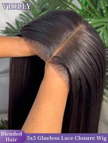VIOLLY 5x5预拔毛蕾丝闭合式真人发混纺，搭配13x4大号透明蕾丝前额巴西原生发假发，180%密度，自然黑色直发 - 预拔毛发际线和婴儿发 - 无需胶水，即刻佩戴，女士款 - 1B# - 查看 2