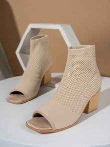 女士时尚透气面料露趾套脚坡跟靴 - 米色 - 查看 5