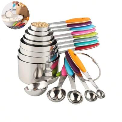 5pcs/8pcs/10pcs/13pcs Measuring Cup And Spoon Set, Measuring Cups And Spoons, 8pcs Stainless Steel Measuring Cups, 5pcs Measuring Spoons, For Dry Powder And Liquid Ingredients, Multifunctional Stainless Steel Measuring Spoons With Silicone Handles, Nested Measuring Cups, Graduated Measuring Spoon Set, Baking Tools For Cooking And Baking, Kitchen Gadgets, Kitchen Supplies, Kitchen Accessories