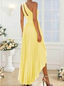 One Shoulder Chiffon Long Dress With Pleated Bodice, Adjustable Tie Back Cutout Design & Asymmetrical High-Low Hem, Flowing A-Line Silhouette With Lightweight Draping Fabric, Bright And Graceful Bridesmaid Dress & Wedding Guest Gown For Wedding Ceremony, Bridal Party, Engagement Event, Garden Wedding, Outdoor Reception, Formal Evening, Holiday Celebration, Birthday Dinner, Summer Party, Semi-Formal Occasion & Special Events - 藏蓝色 - 查看 5