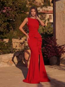 ADYCE Damen Rüschen Rückenfreies Partykleid mit hoher Taille, geeignet für Bälle, Partys, Cocktailveranstaltungen, Dates, Hochzeitsgäste, Silvester und andere Anlässe, Valentinstag - Rot - Übersicht 1